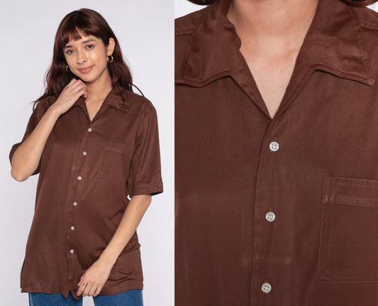 70s California Class Chocolate Brown Button-Up Shirt Camp Collar Large L
