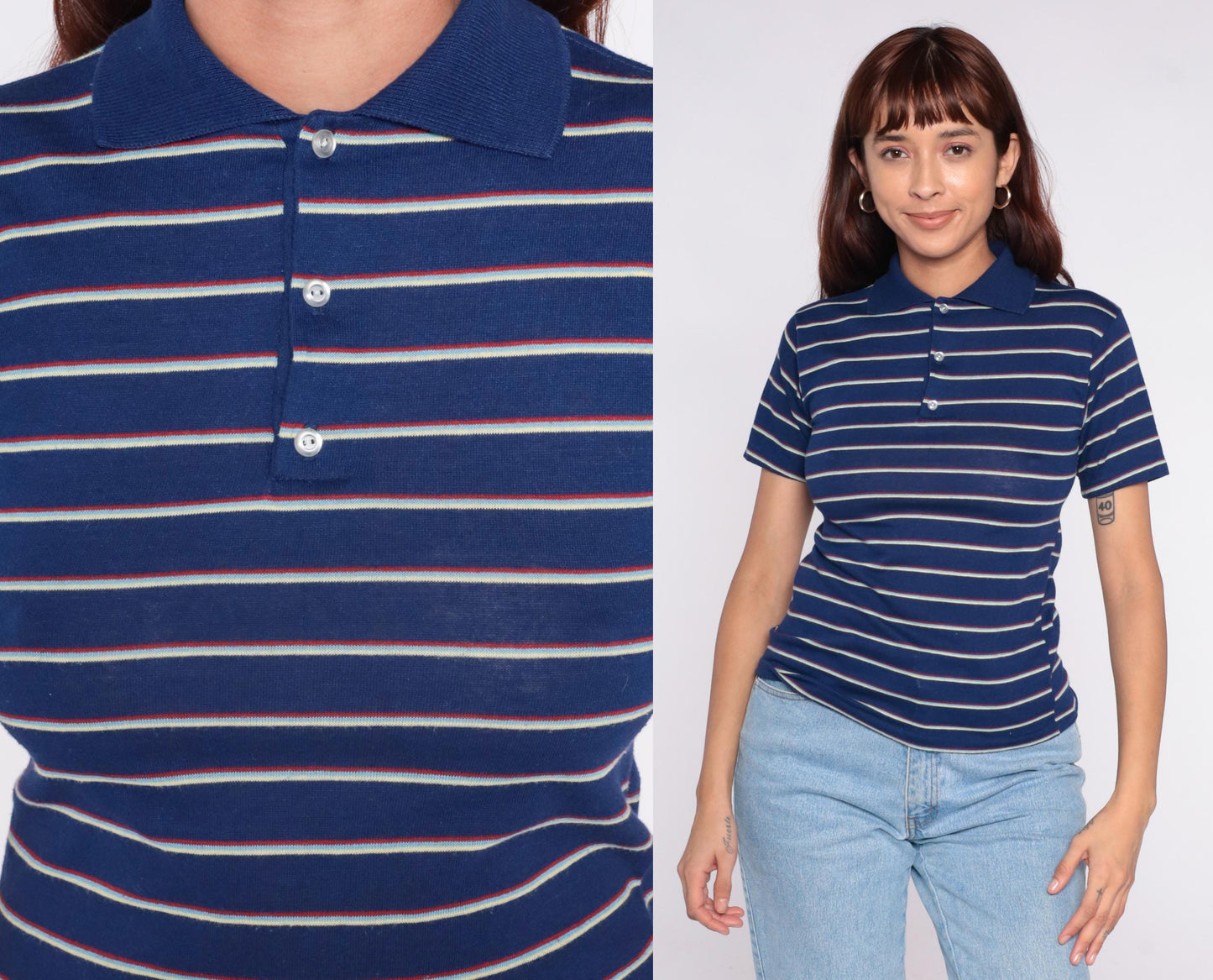 80s Navy Striped Polo Shirt White Red Horizontal Cotton Small
