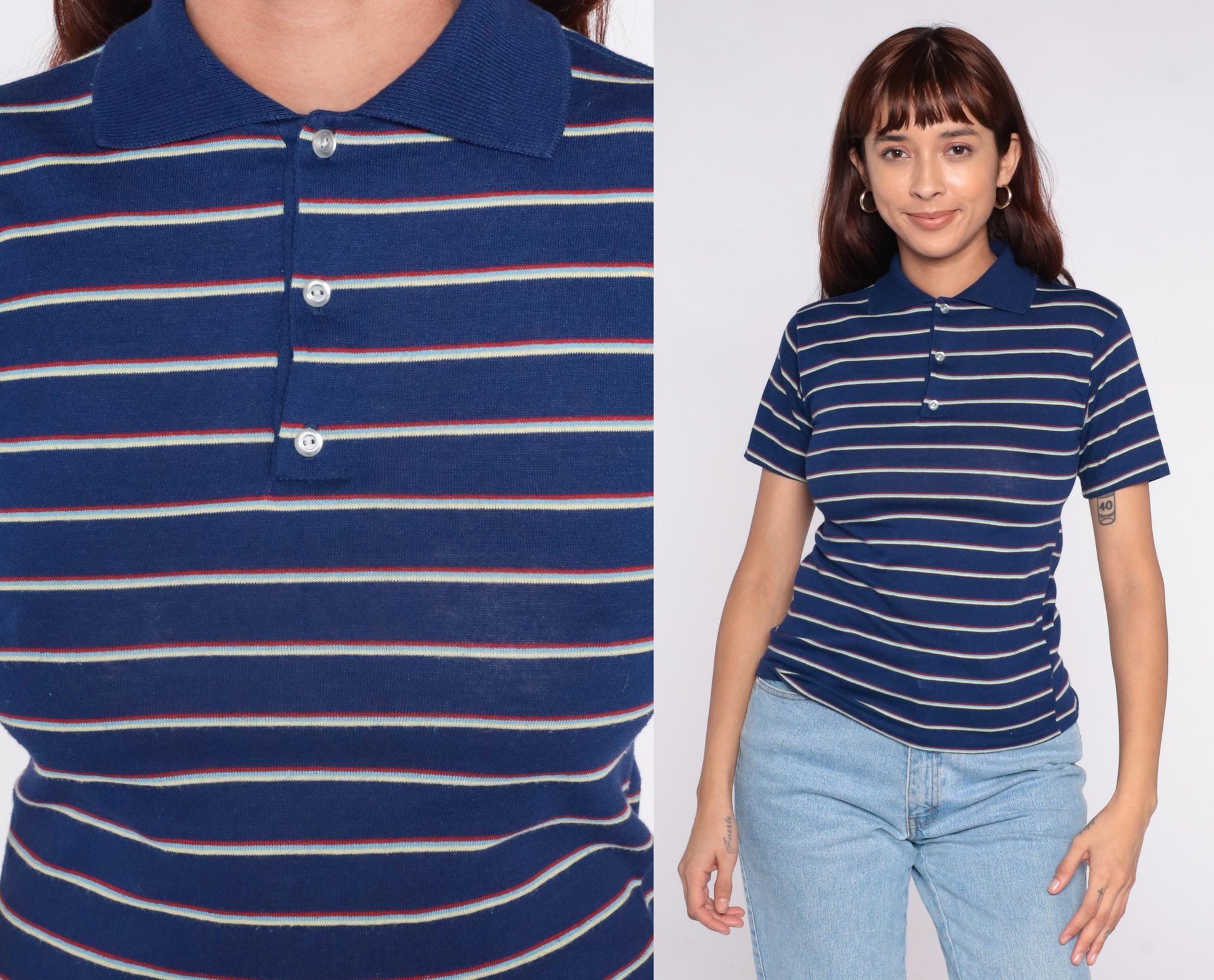 80s Navy Striped Polo Shirt White Red Horizontal Cotton Small