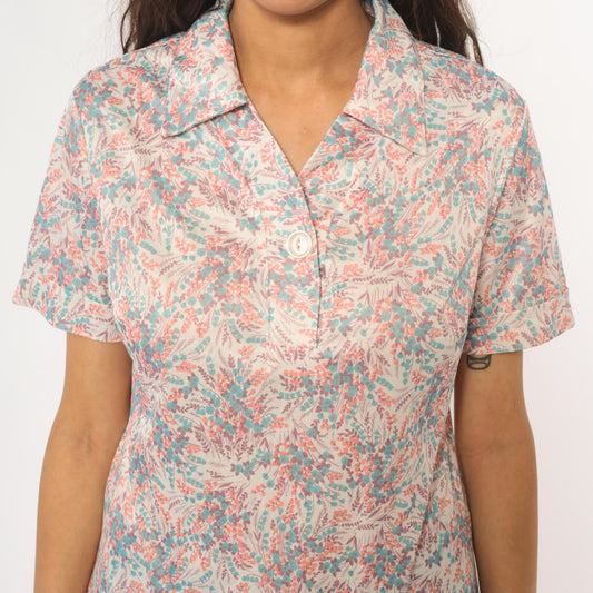 70s Floral Collared Blouse Cream Pink Turquoise Burgundy Short Sleeve Medium M