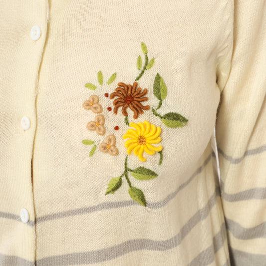 90s Jo-in Floral Embroidered Cardigan Cream Striped Knit Extra Small XS