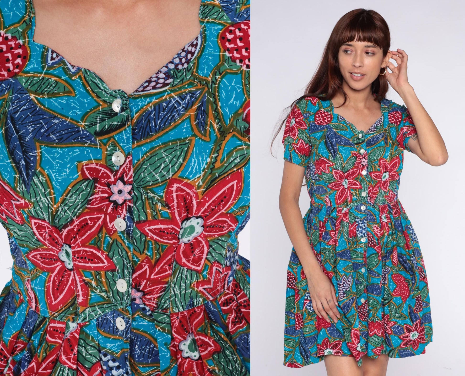 90s Regarde! Tropical Floral Cotton Dress Puff Sleeve Turquoise Small
