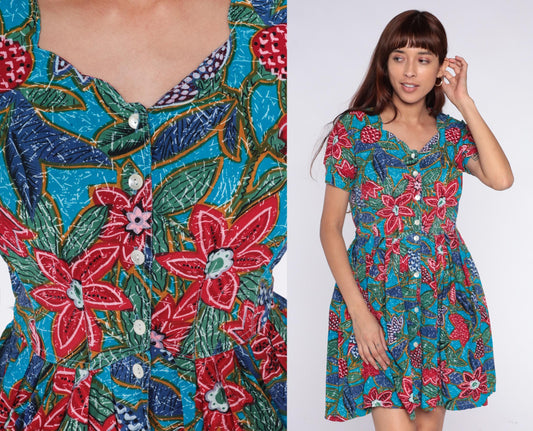90s Regarde! Tropical Floral Cotton Dress Puff Sleeve Turquoise Small