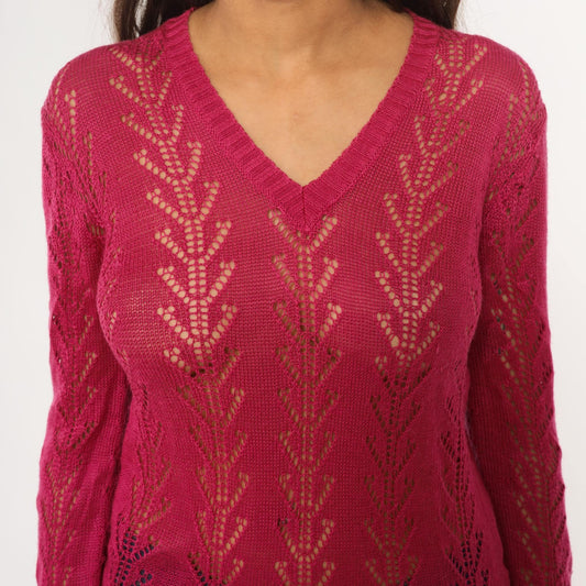70s Alice Kim Hot Pink Pointelle Knit Sweater Chevron V-Neck Small
