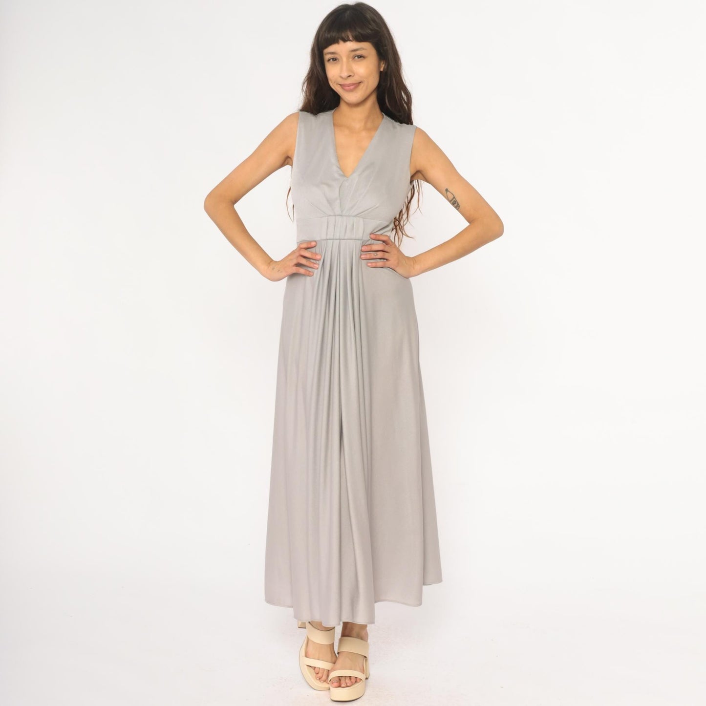 70s Silver Maxi Dress V-Neck Empire Waist Sleeveless Evening Gown Small
