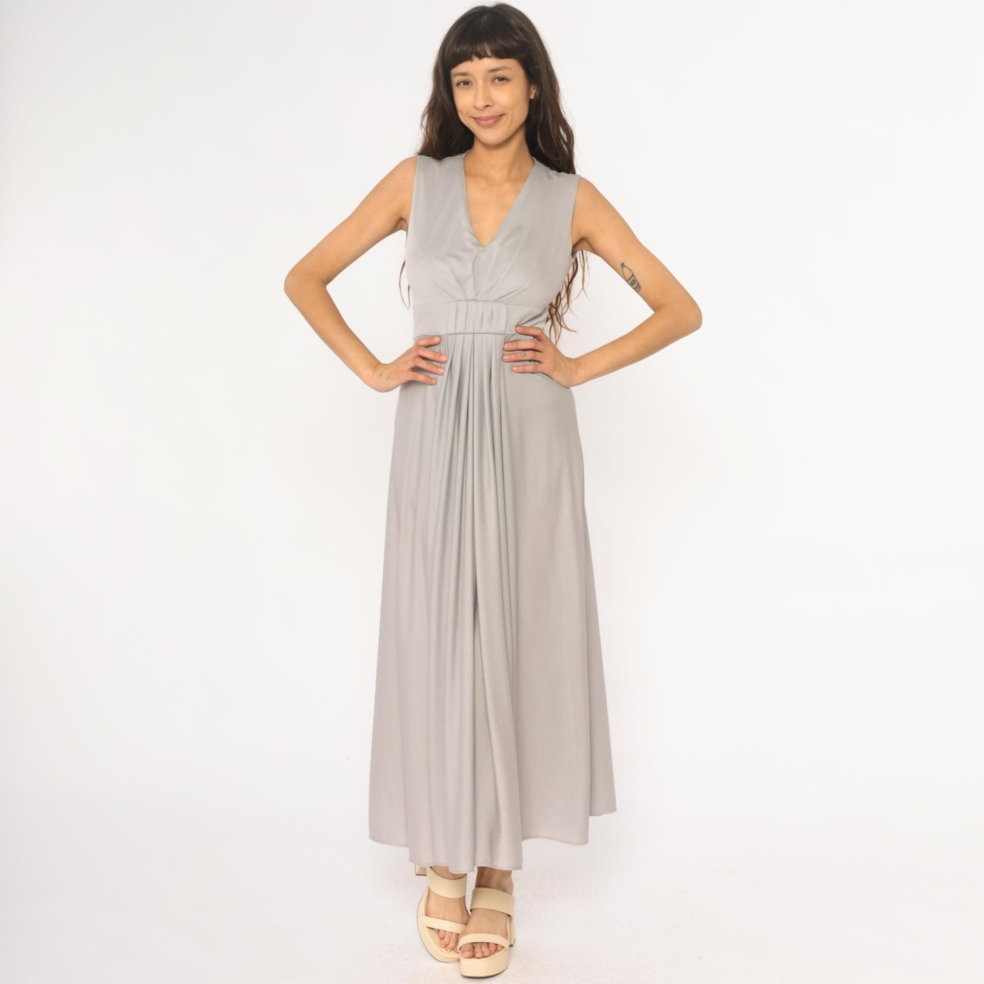 70s Silver Maxi Dress V-Neck Empire Waist Sleeveless Evening Gown Small