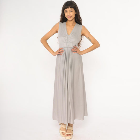 70s Silver Maxi Dress V-Neck Empire Waist Sleeveless Evening Gown Small