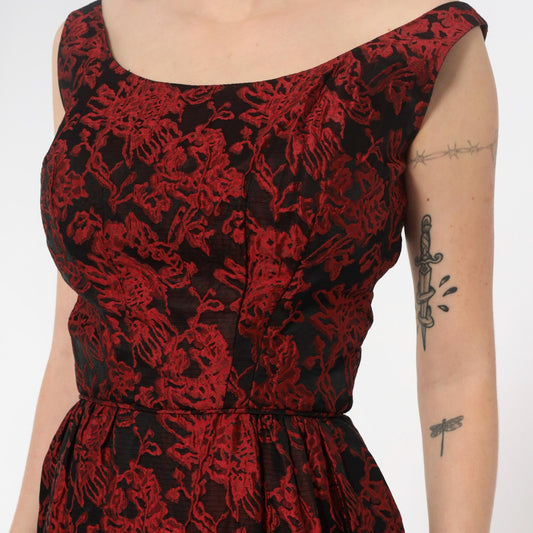 60s Red Black Brocade Empire Waist Evening Gown Floral Jacquard Sleeveless Extra Small