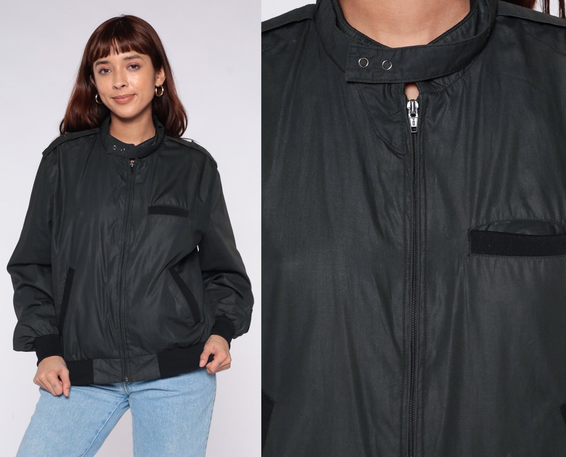 80s Black Bomber Jacket Windbreaker Flight Epaulettes Zip Front Large L