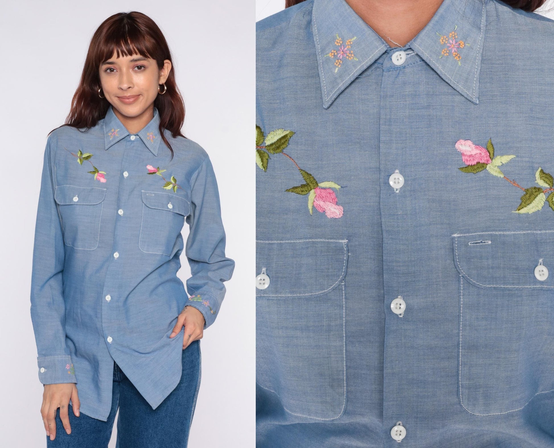 70s JCPenney Chambray Shirt Embroidered Roses Button Front Small