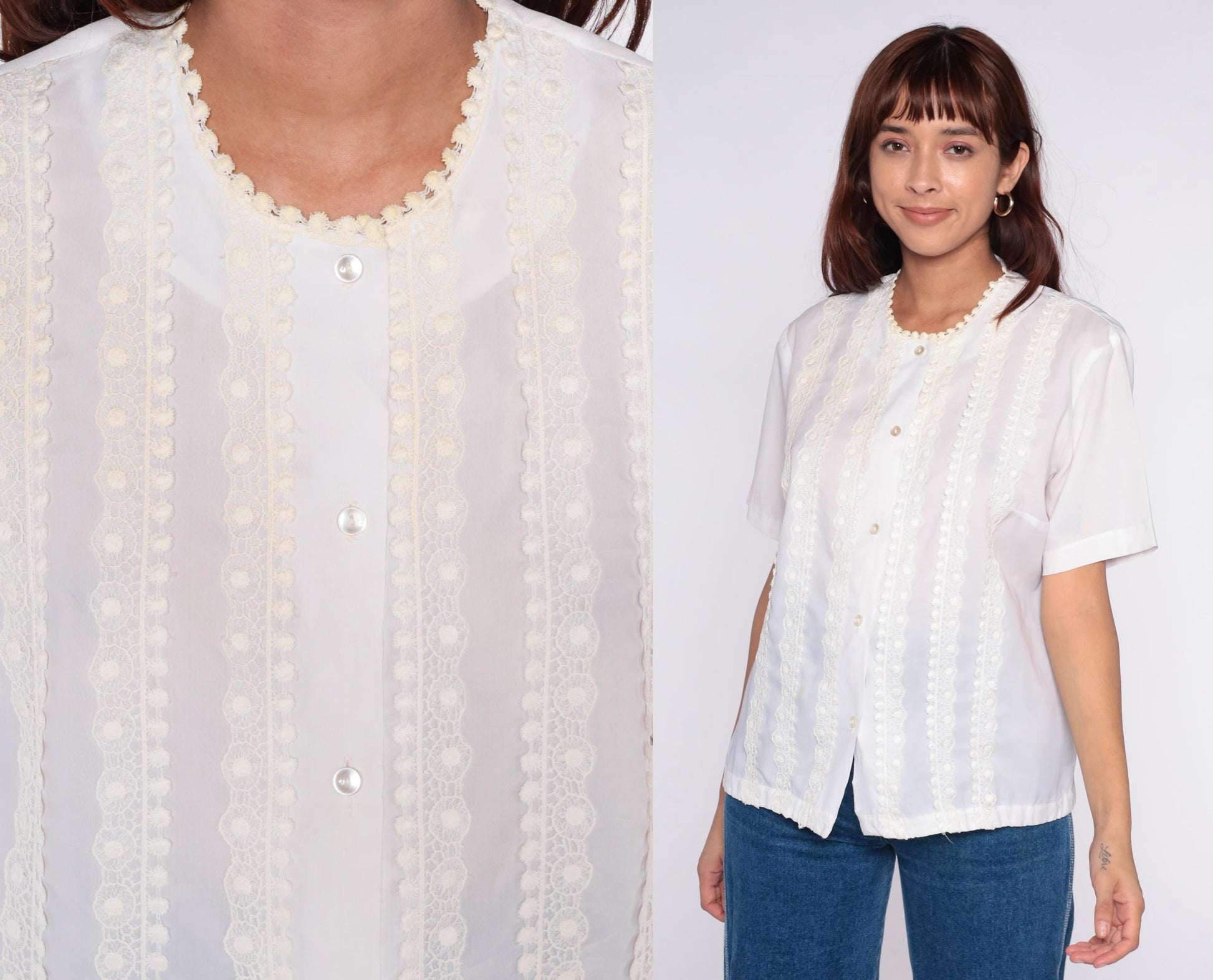 70s La Rose California White Blouse Scalloped Lace Embroidered Button Front Large