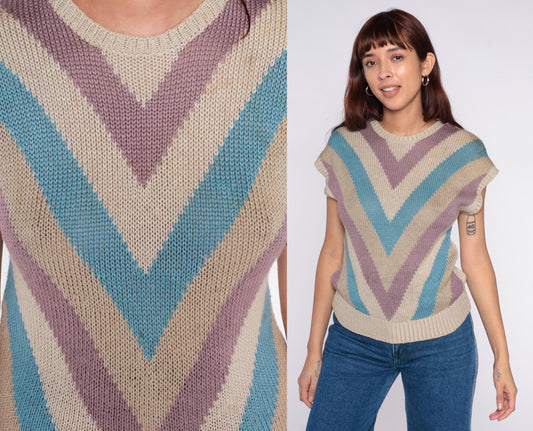 80s Chevron Stripe Knit Sweater Purple Turquoise Cream Short Sleeve Small