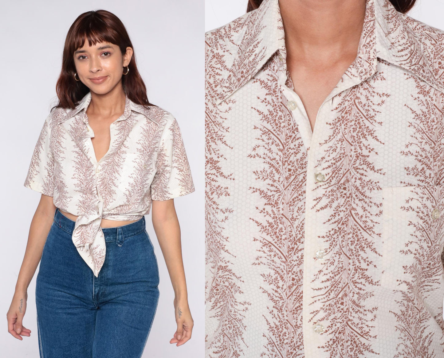 70s Jandy Place Fern Print Button-Up Blouse Cream Brown Short Sleeve Small