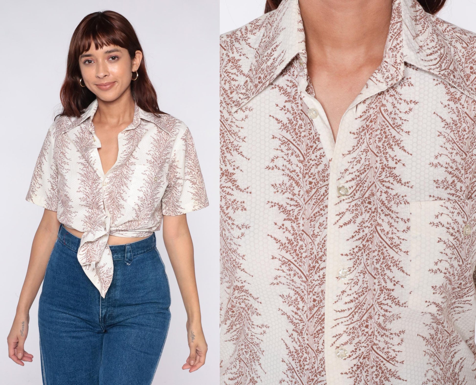 70s Jandy Place Fern Print Button-Up Blouse Cream Brown Short Sleeve Small