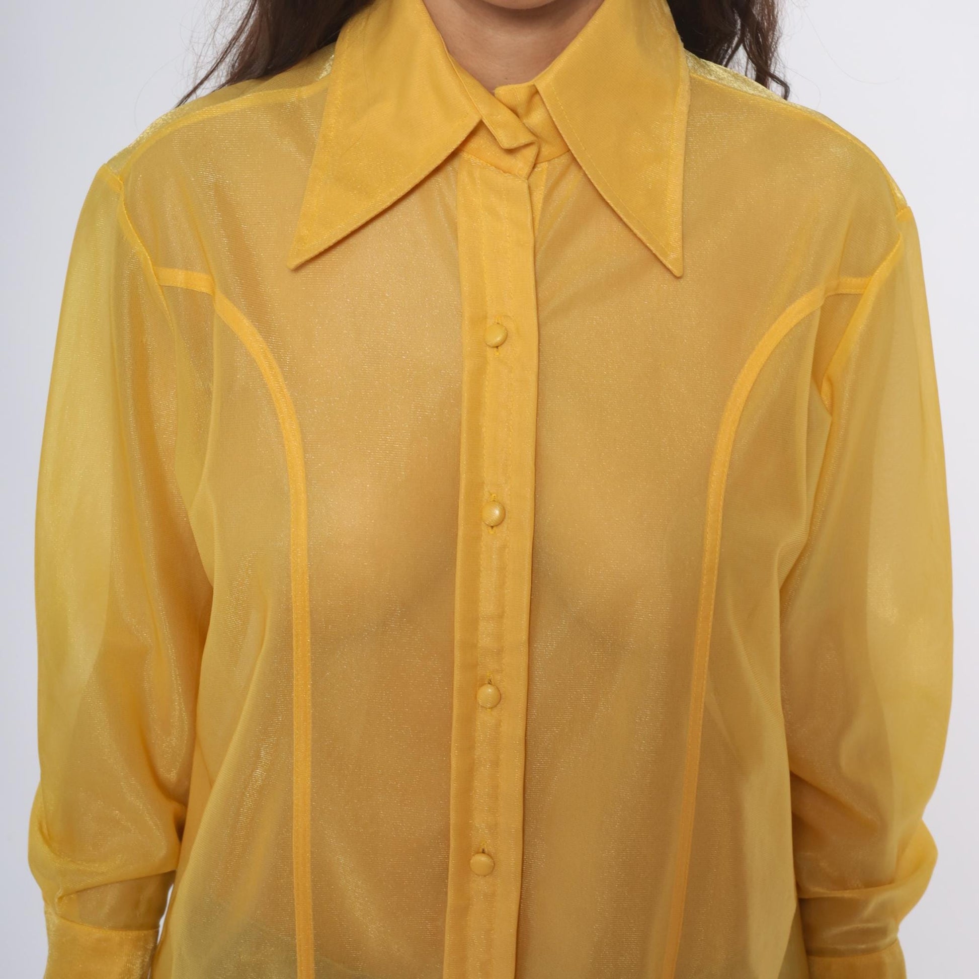 80s Lady Marlboro Yellow Nylon Blouse Button Front Pointed Collar Medium