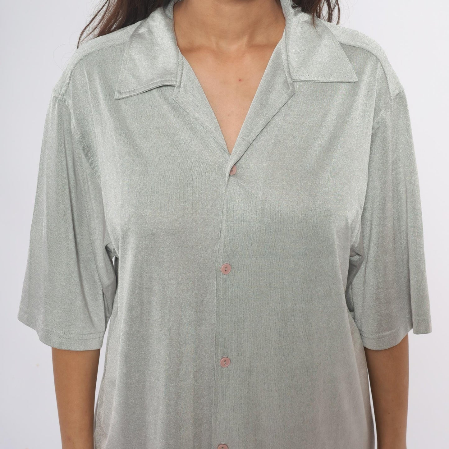 90s Silver Button-Front Tunic Shirt Three-Quarter Sleeve Extra Large XL