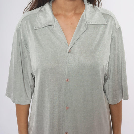 90s Silver Button-Front Tunic Shirt Three-Quarter Sleeve Extra Large XL