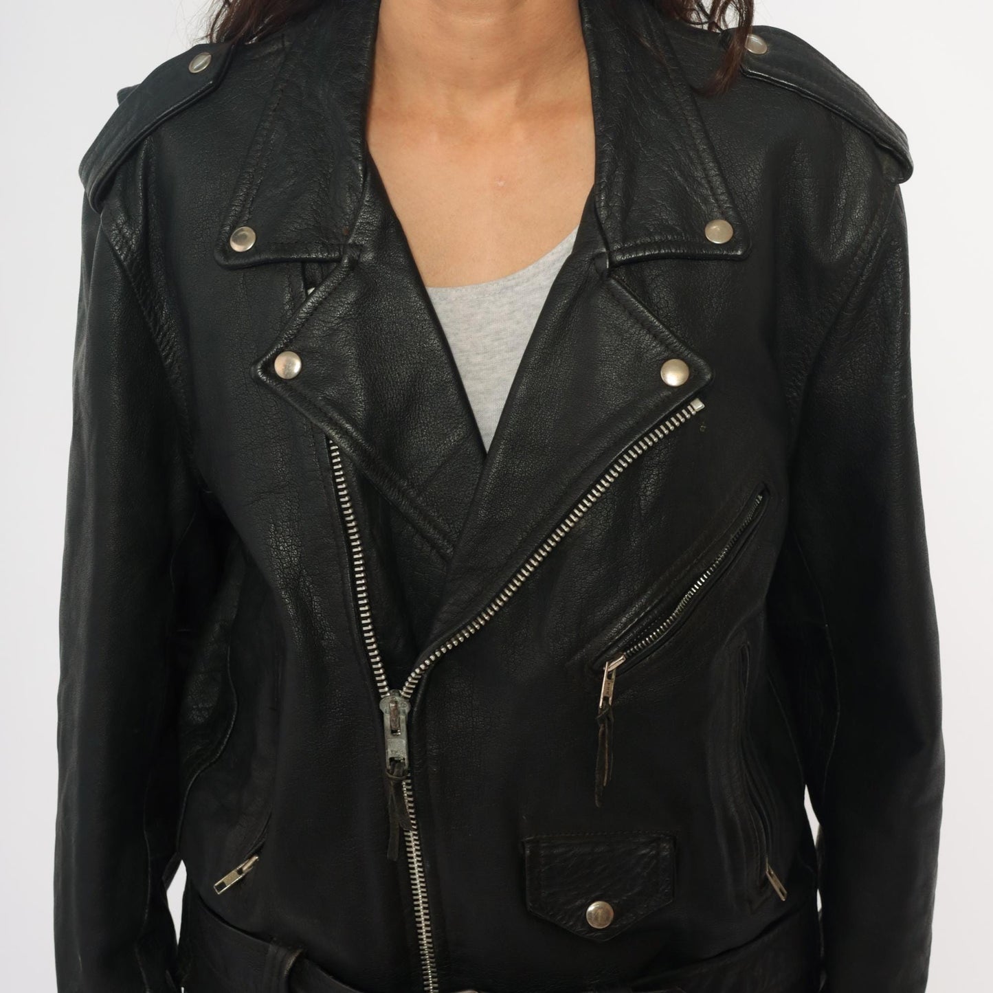 90s Wilsons Leather Black Motorcycle Jacket Belted Zip Silver Hardware Small S