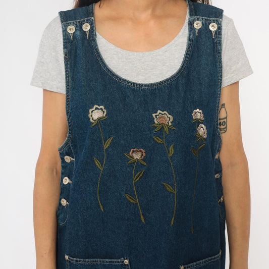 90s Floral Embroidered Denim Jumper Dress Blue Jean Pinafore Medium M