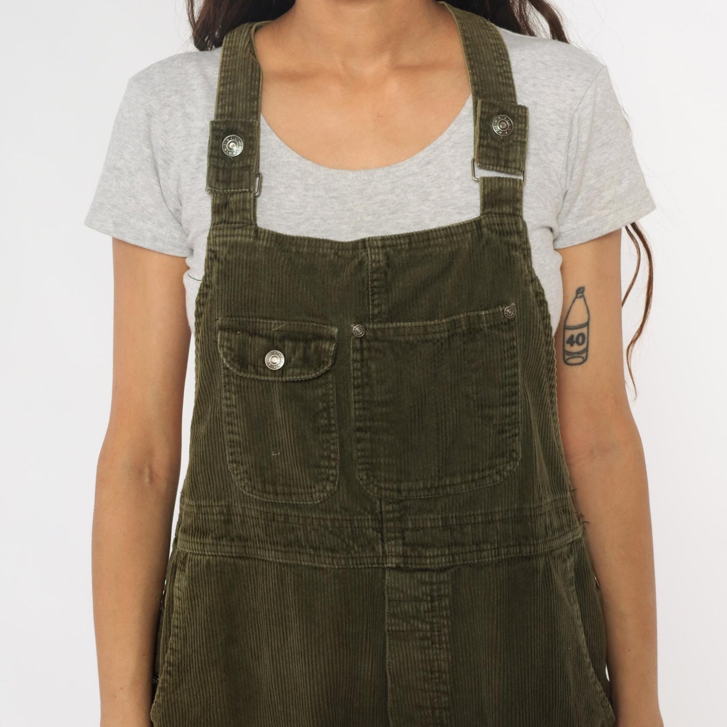 90s Olive Green Corduroy Overall Shorts Adjustable Straps Cross-Back Large L