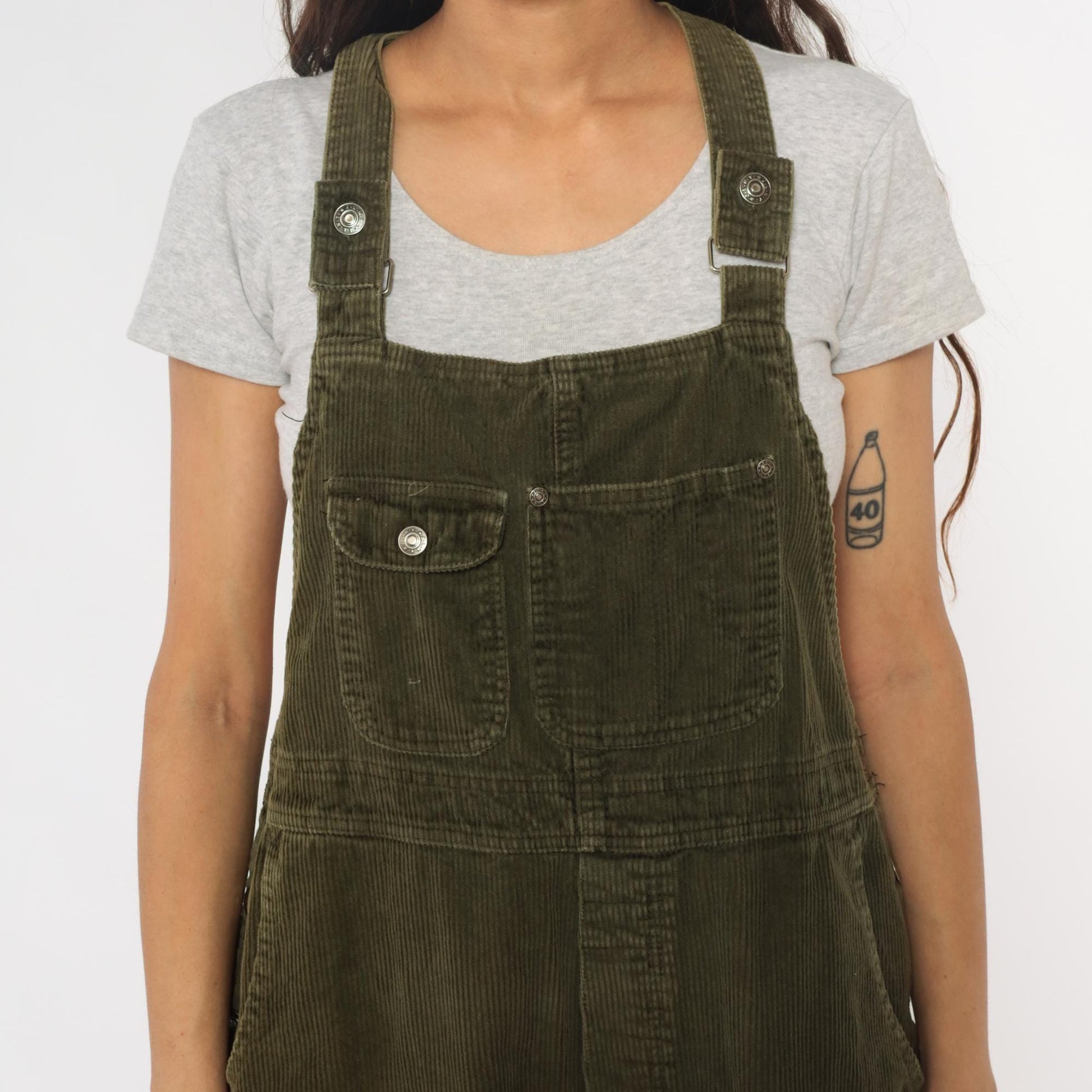 90s Olive Green Corduroy Overall Shorts Adjustable Straps Cross-Back Large L
