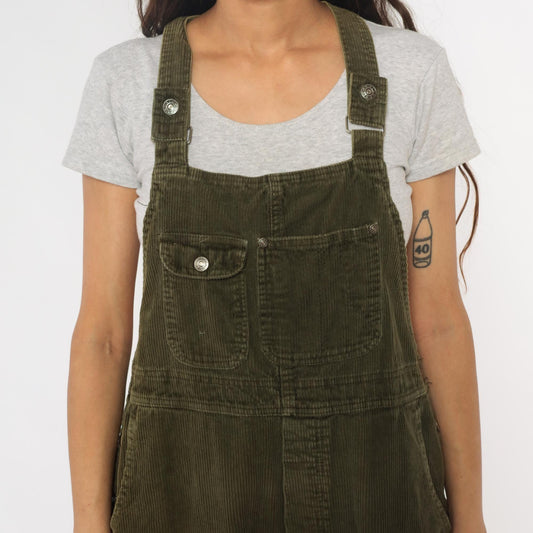 90s Olive Green Corduroy Overall Shorts Adjustable Straps Cross-Back Large L