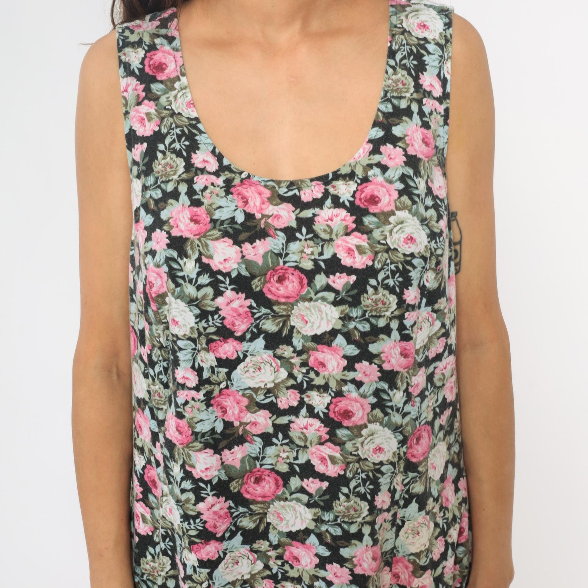 90s Lady Dorby Floral Dress Black Pink Rose Print Sleeveless Cutout Large