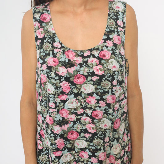 90s Lady Dorby Floral Dress Black Pink Rose Print Sleeveless Cutout Large