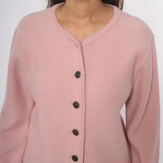 70s Tally Ho Wool Cardigan Pink V-Neck Button Front Medium