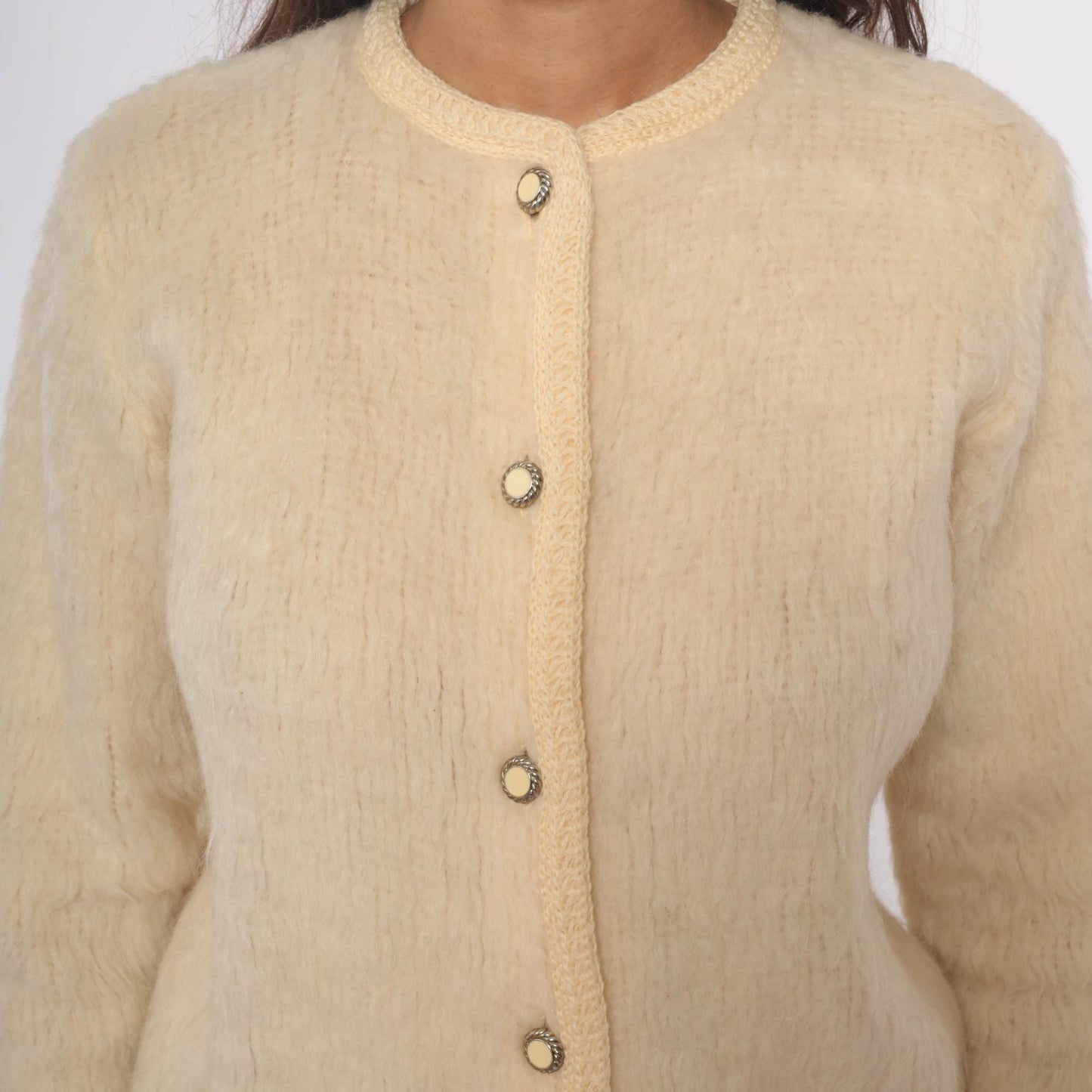 70s Cream Wool Cardigan Peter Pan Collar Textured Knit Small Medium