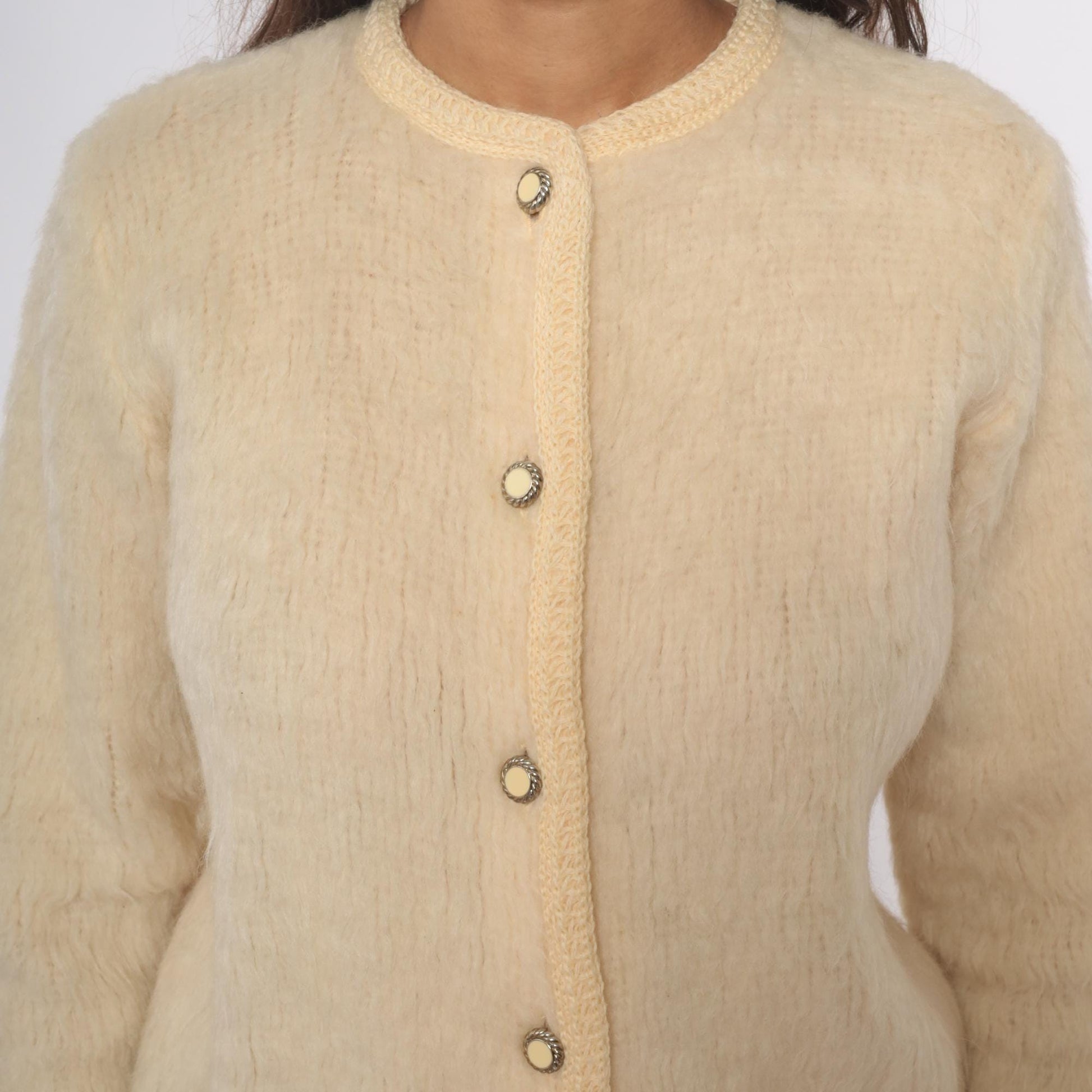 70s Cream Wool Cardigan Peter Pan Collar Textured Knit Small Medium
