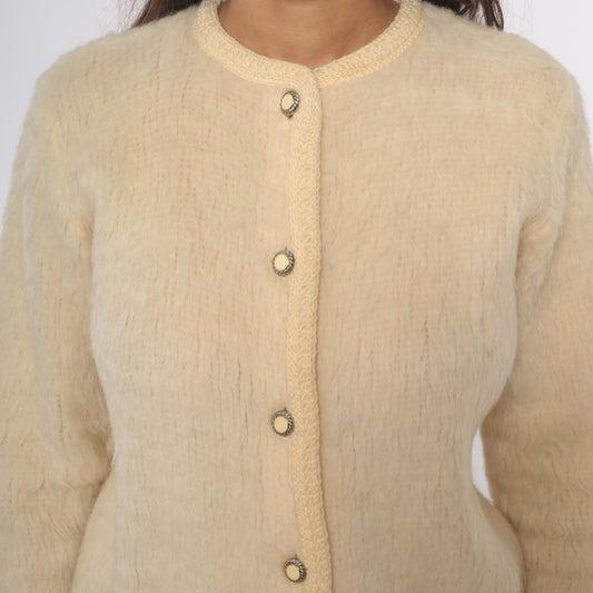 70s Cream Wool Cardigan Peter Pan Collar Textured Knit Small Medium