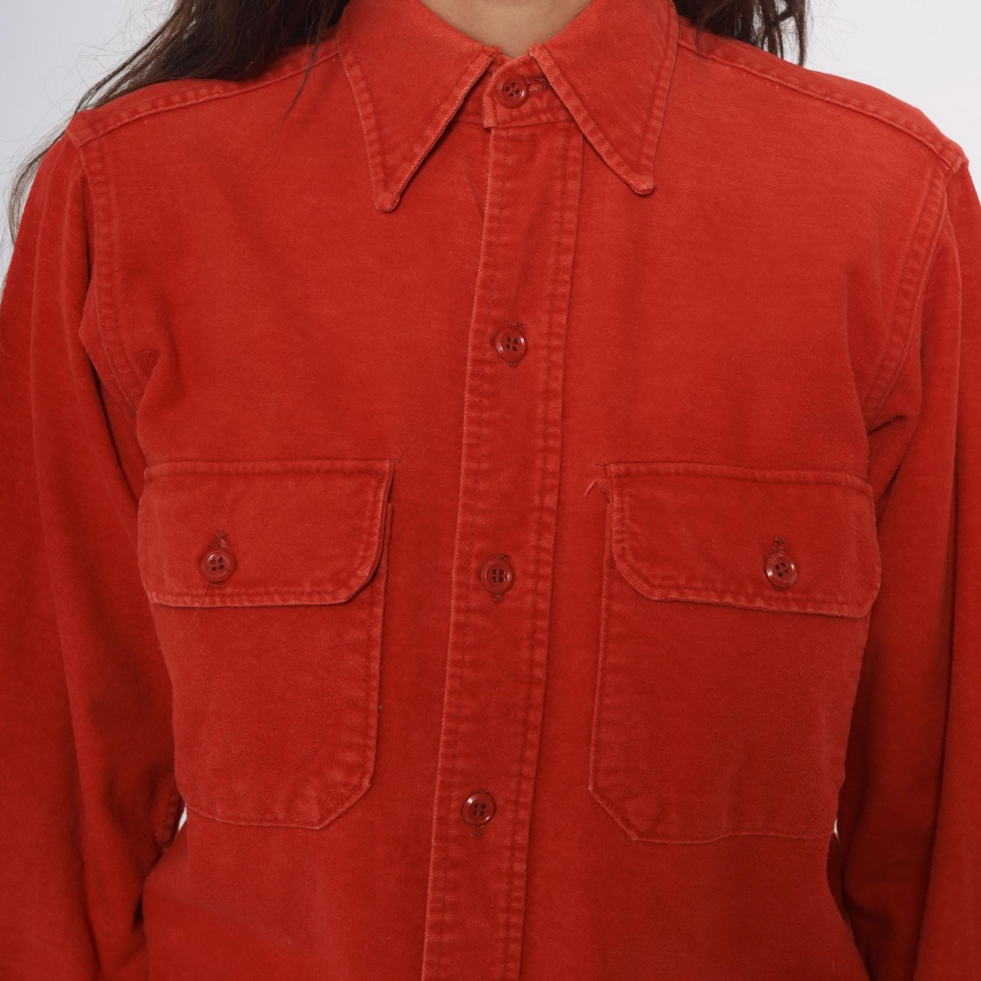 80s Woolrich Orange Button-Up Shirt Long Sleeve Collared Chest Pockets Medium