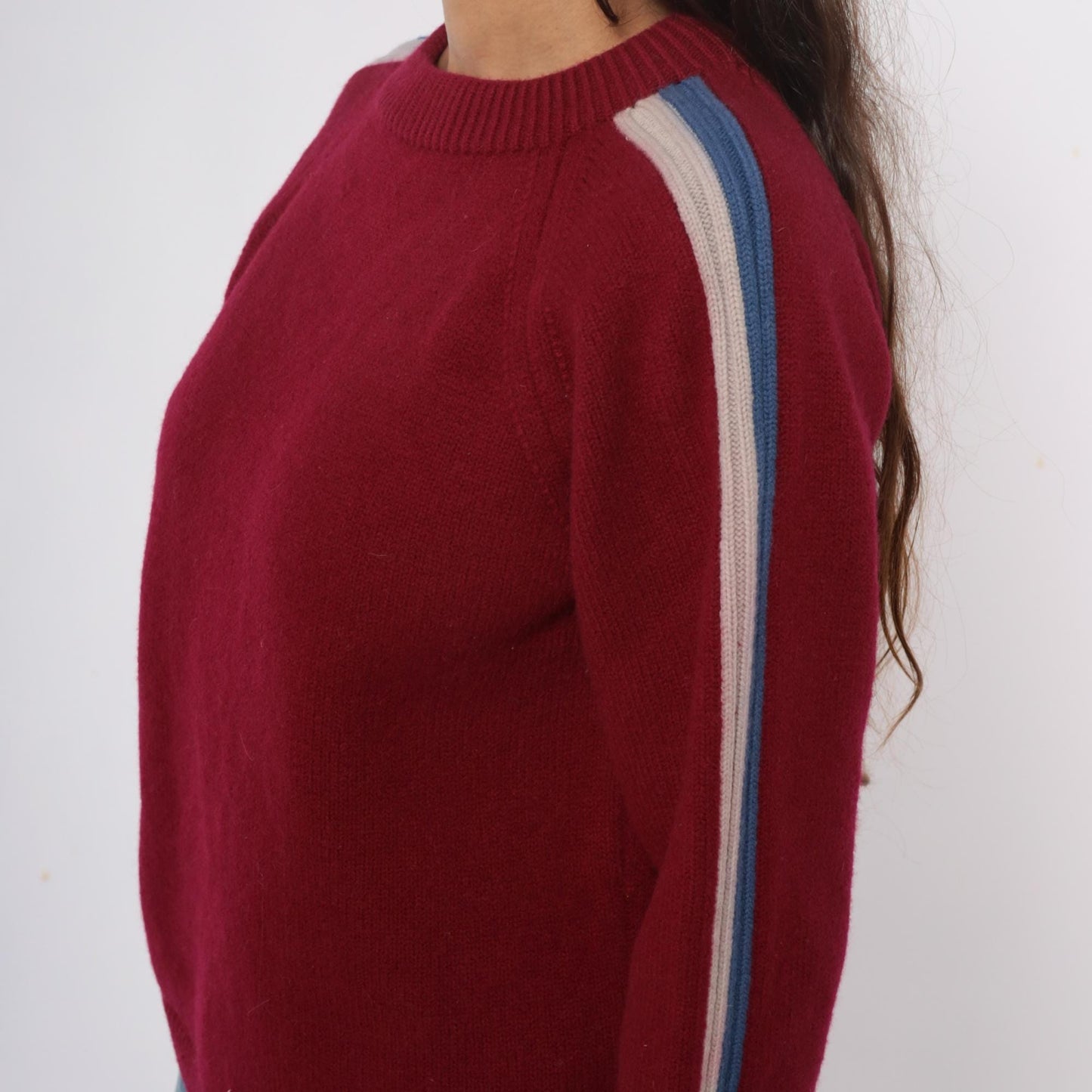 80s Cortina Burgundy Wool Sweater Stripe Raglan Crewneck Medium M