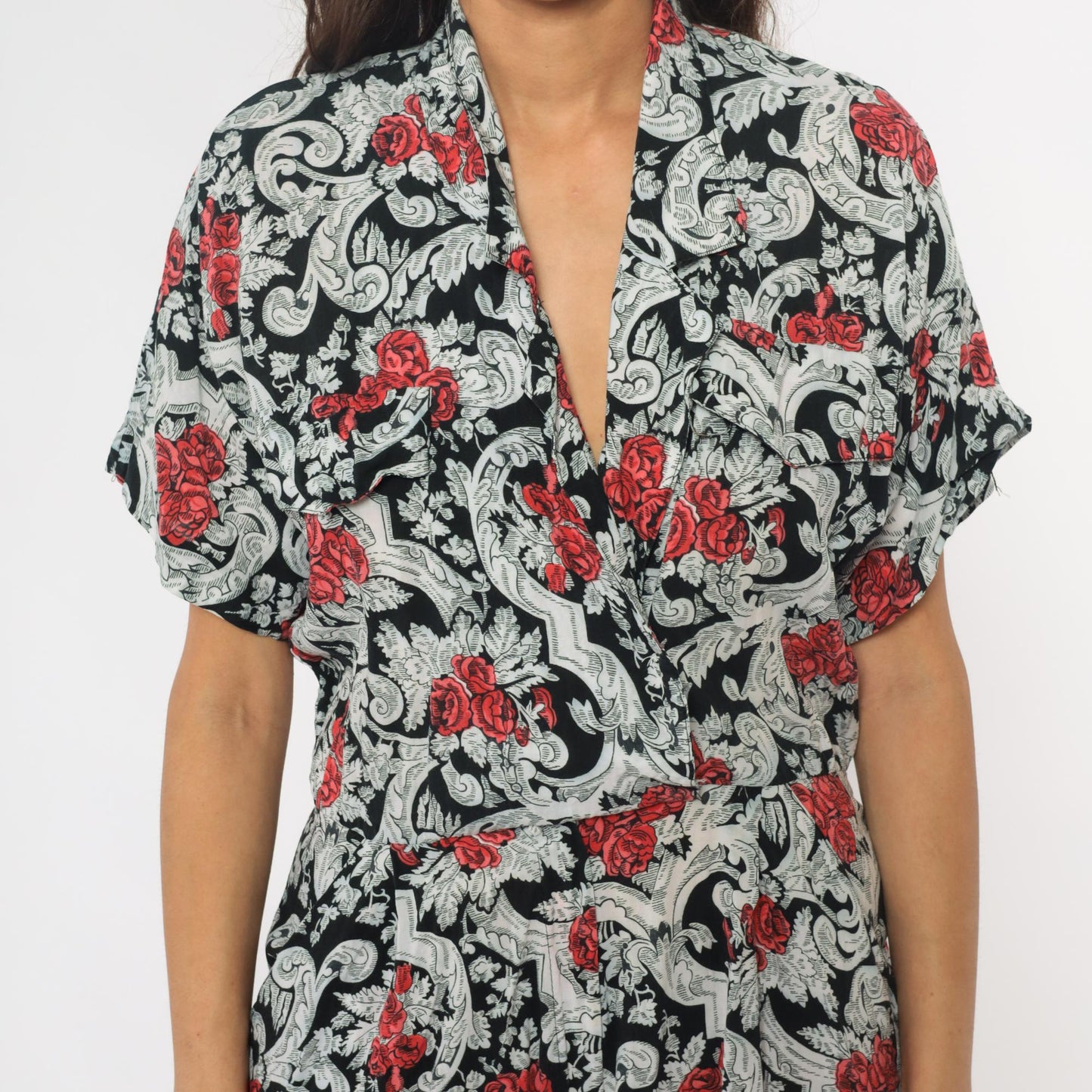 90s Floral Rayon Romper Black Red Rose Baroque Scrollwork Wide Leg Medium M
