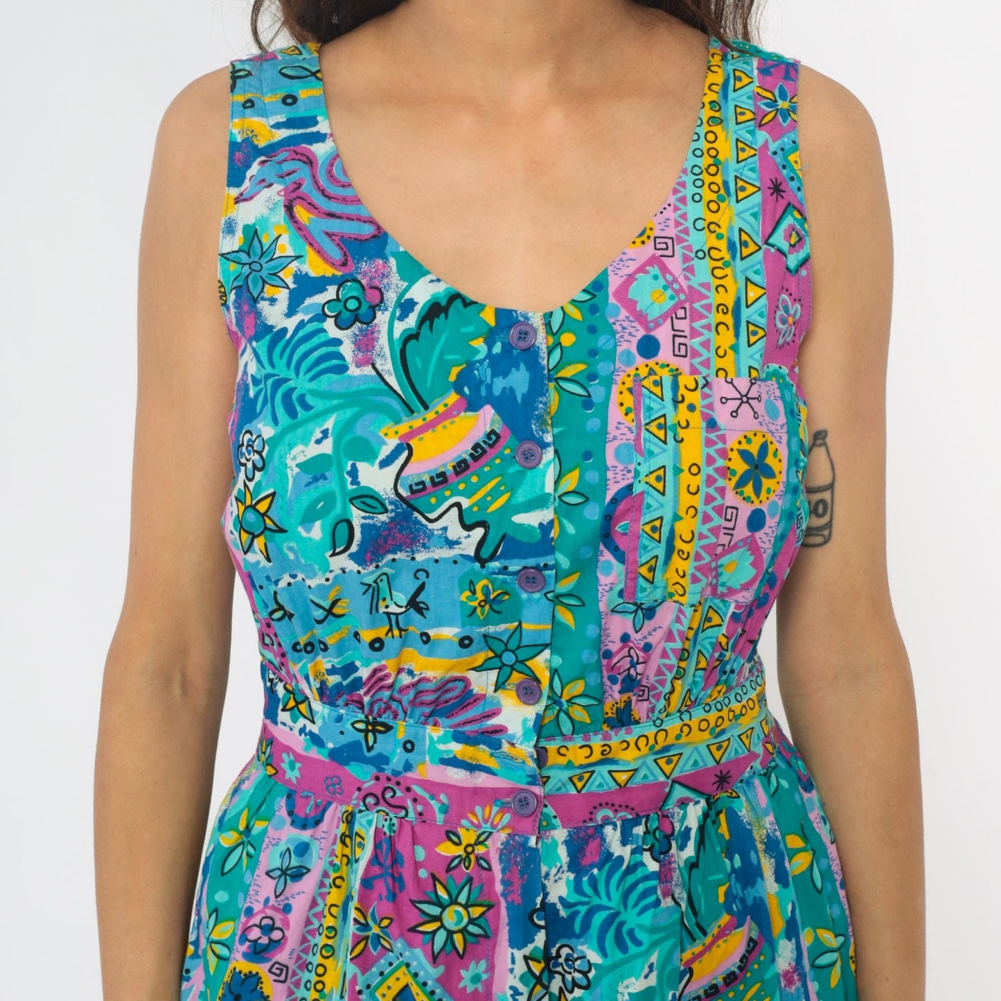 90s Access Romper Turquoise Pink Yellow Geometric Floral Peace Print Medium