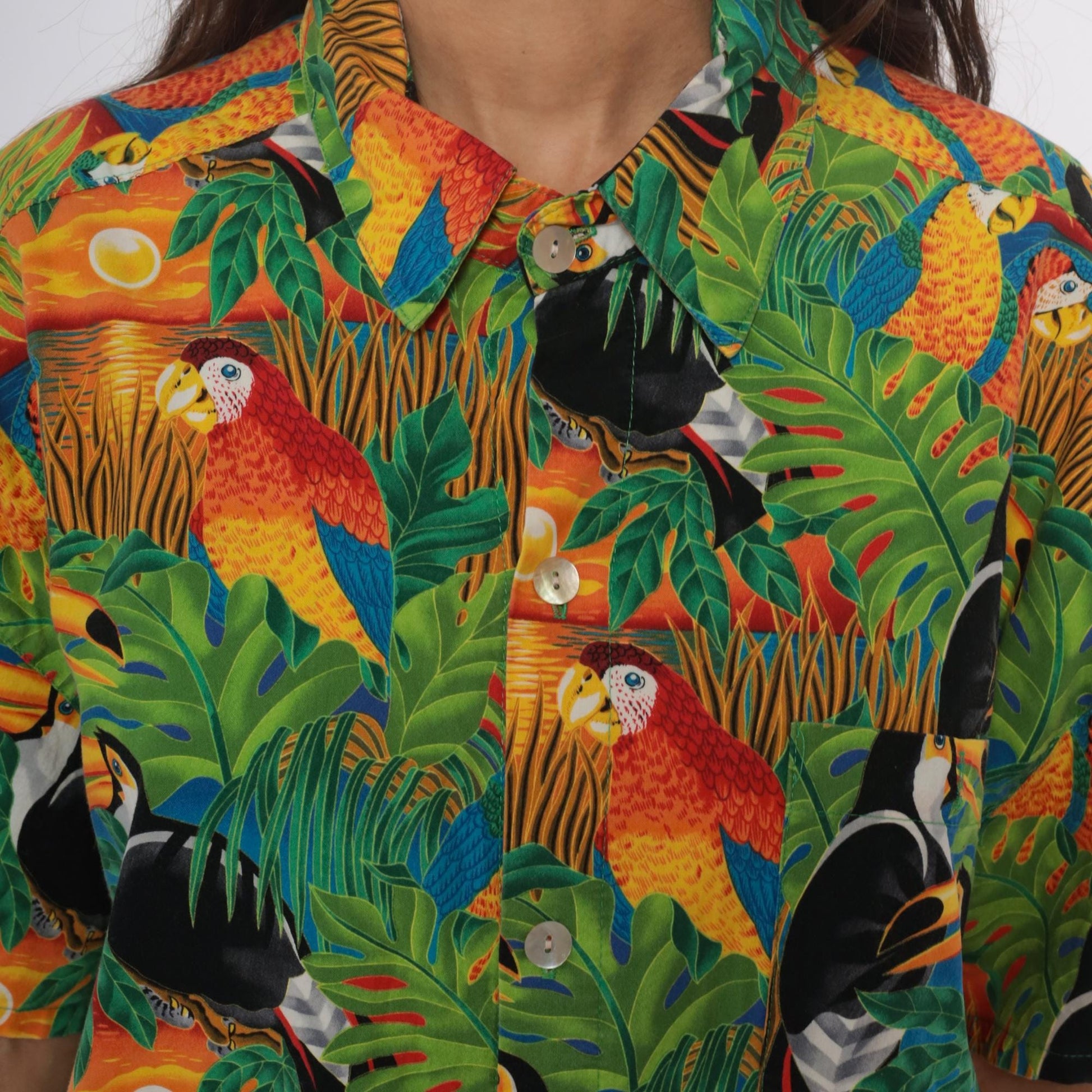 90s Hummingbird Tropical Bird Print Camp Collar Shirt Plus Size XXL