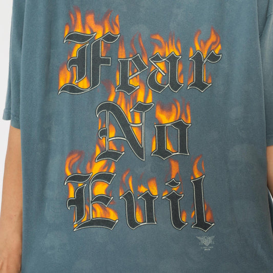 Y2K Fear No Evil Graphic Tee Teal Flame Skulls Plus Size XXL