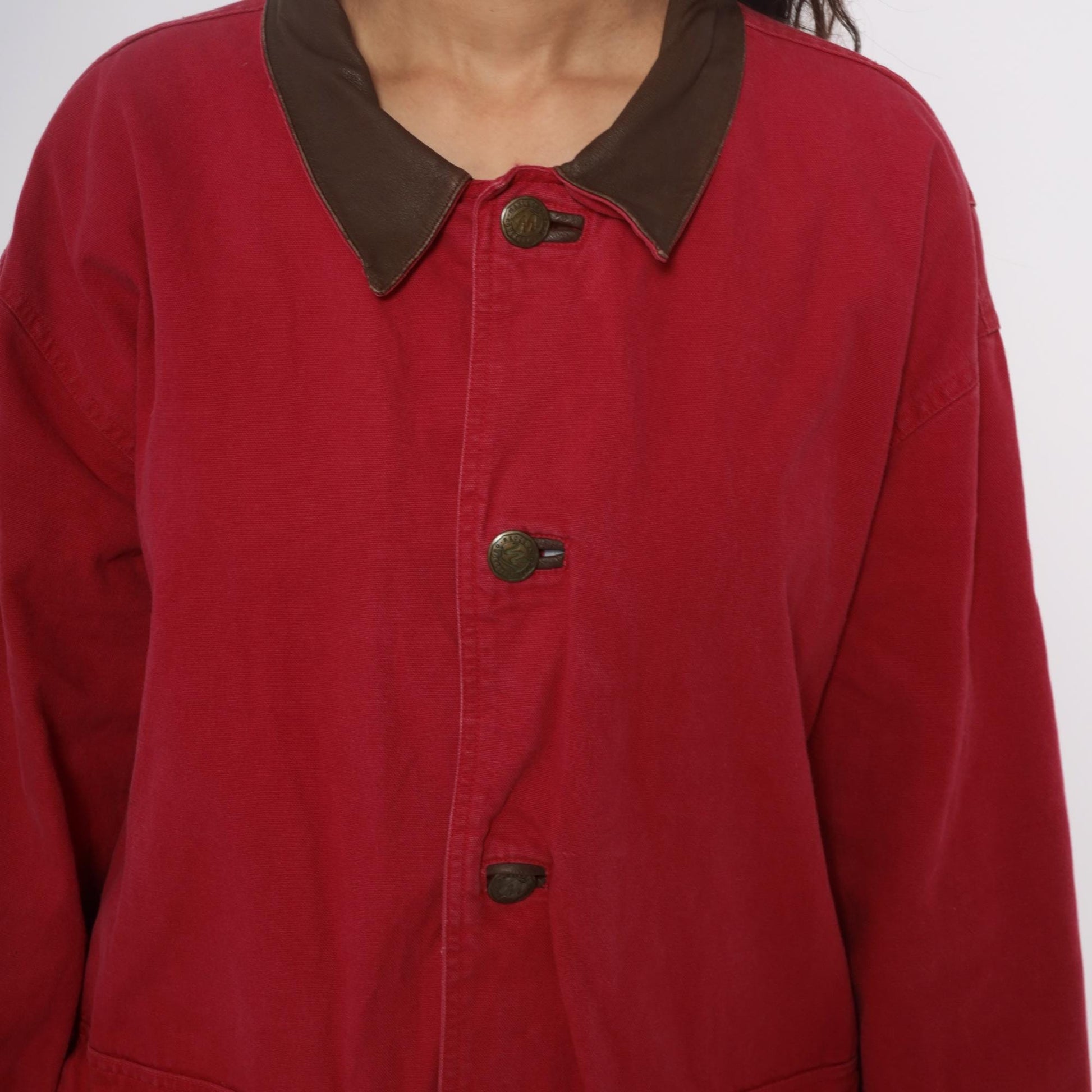 90s Marlboro Red Cotton Barn Jacket Leather Collar Workwear Extra Large XL