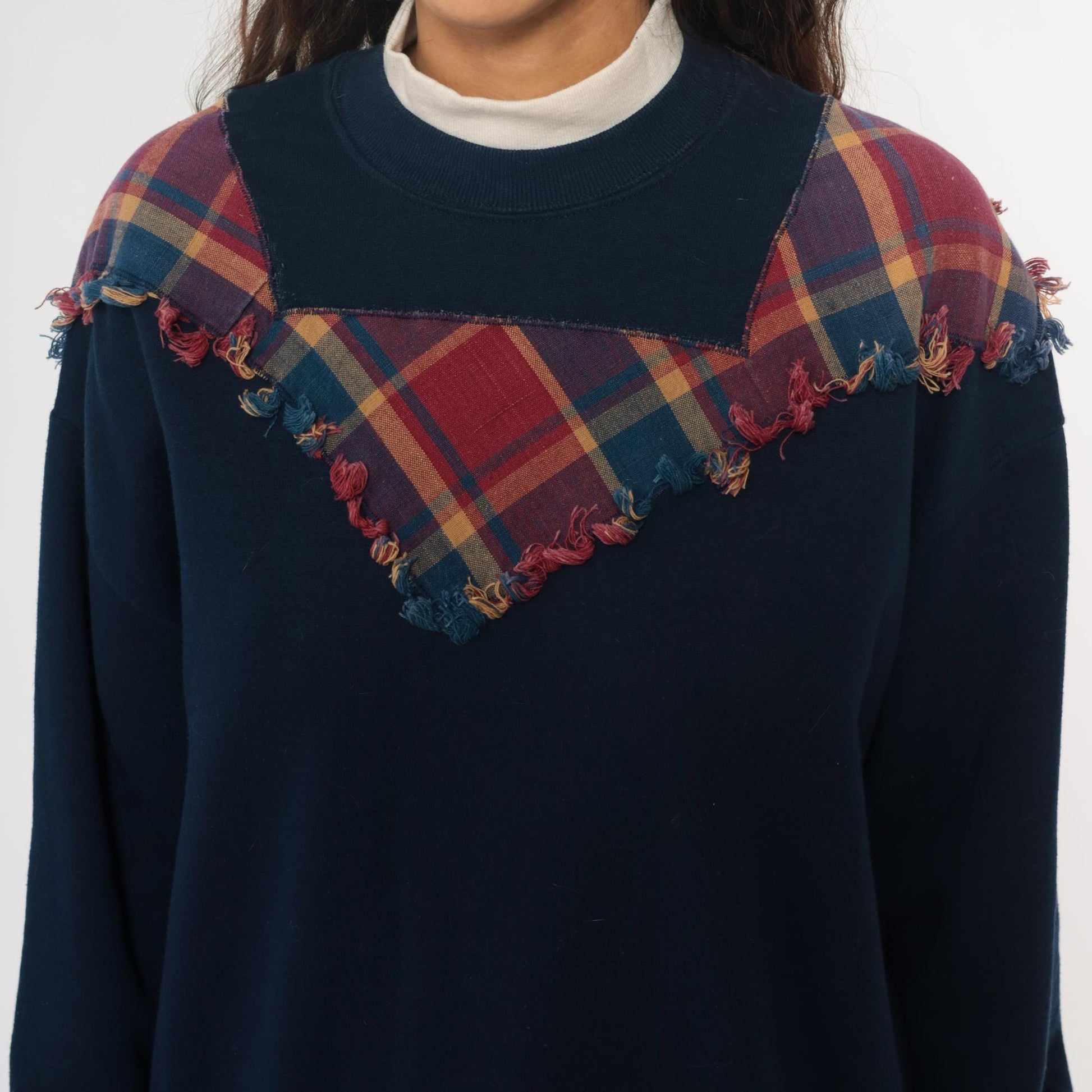 90s Jerzees Navy Plaid Yoke Sweatshirt Burgundy Teal Frayed Crewneck Extra Large XXL