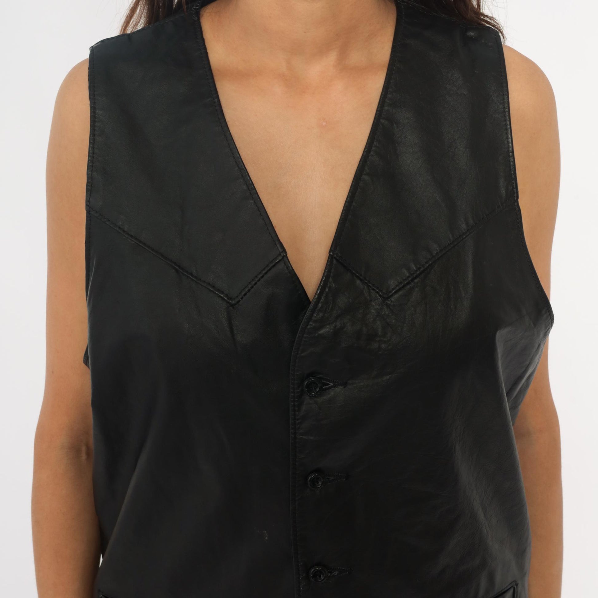 90s Black Leather Vest Notched Collar Button Front Menswear Extra Large XL