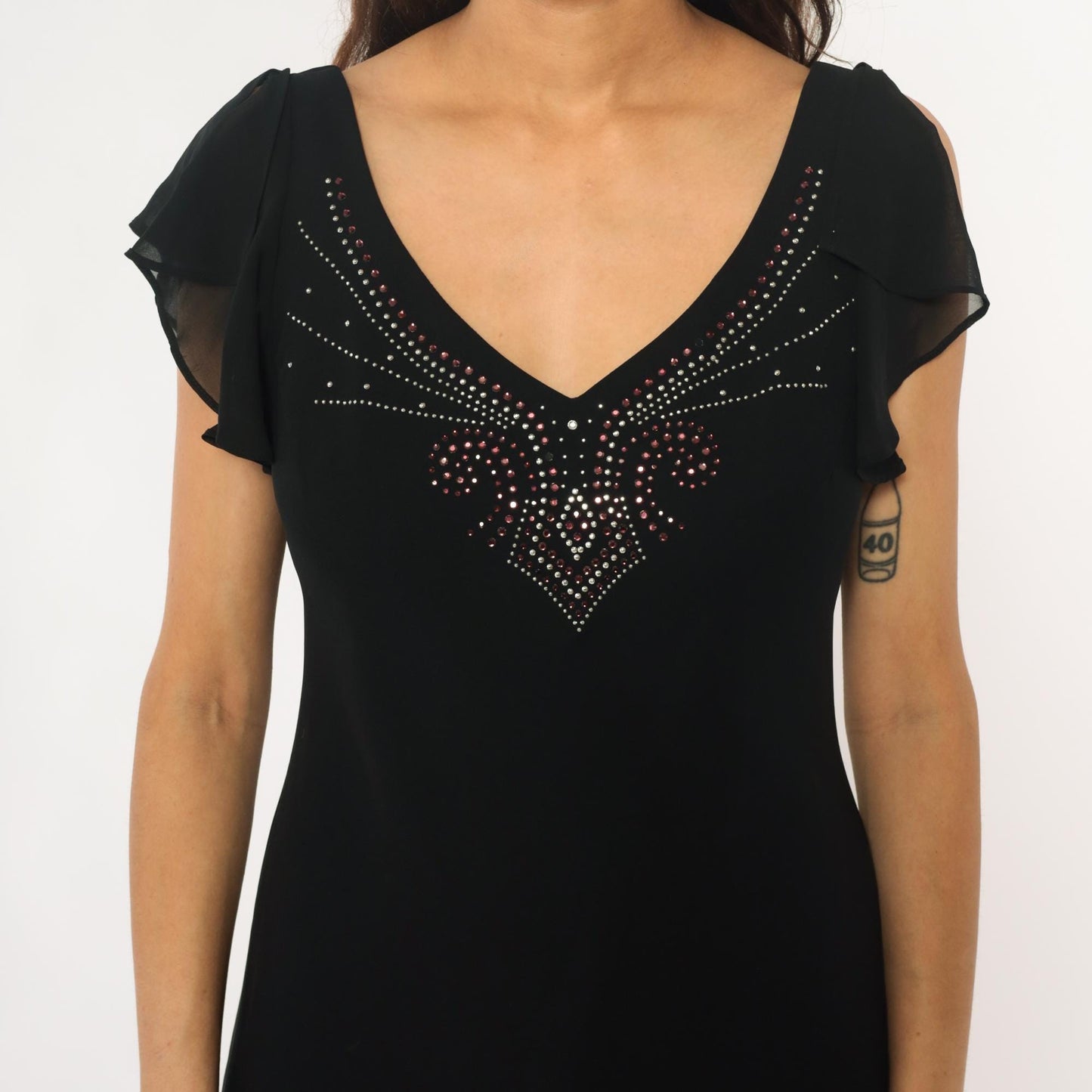 90s Sheri Martin Black Mini Dress Rhinestone V-Neck Cap Sleeve Medium