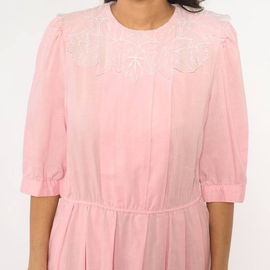 90s Blush Pink Midi Dress Embroidered Floral Collar Puff Sleeve Medium