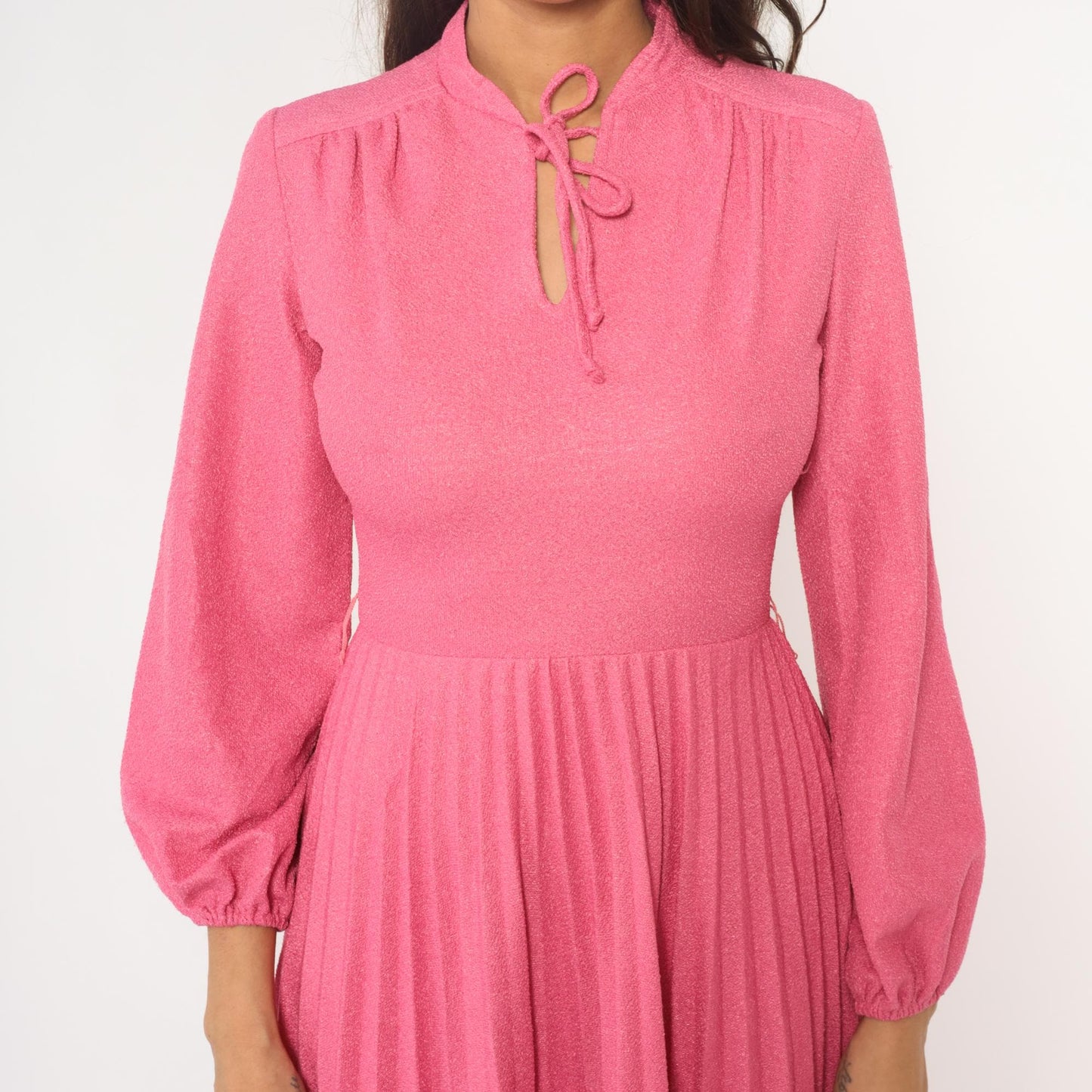 70s Hot Pink Midi Dress Mock Neck Pleated Skirt Bishop Sleeve Extra Small XS