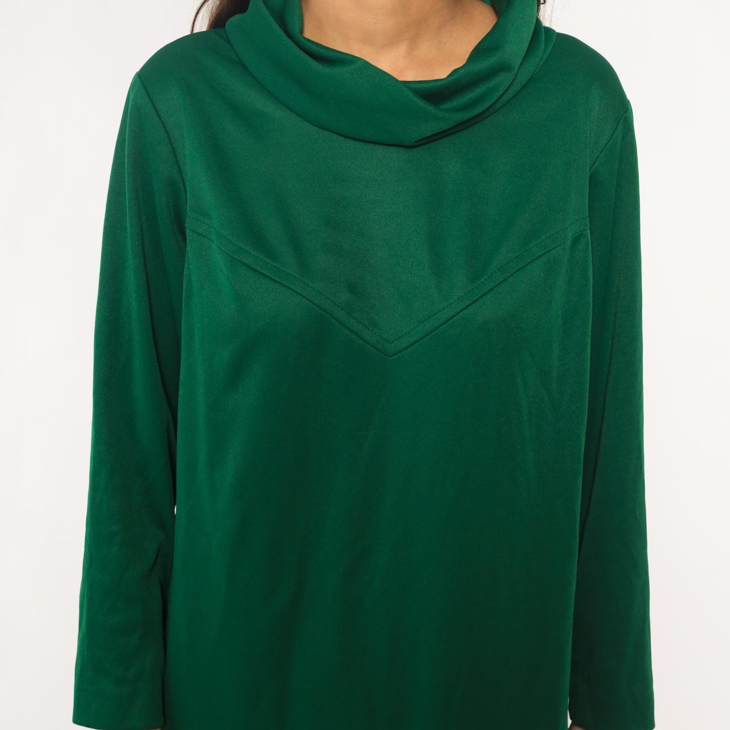 70s Sears Green Velvet Cowl Neck Dress Chevron Knee-Length Extra Large