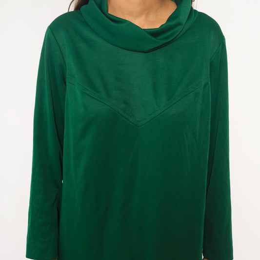 70s Sears Green Velvet Cowl Neck Dress Chevron Knee-Length Extra Large