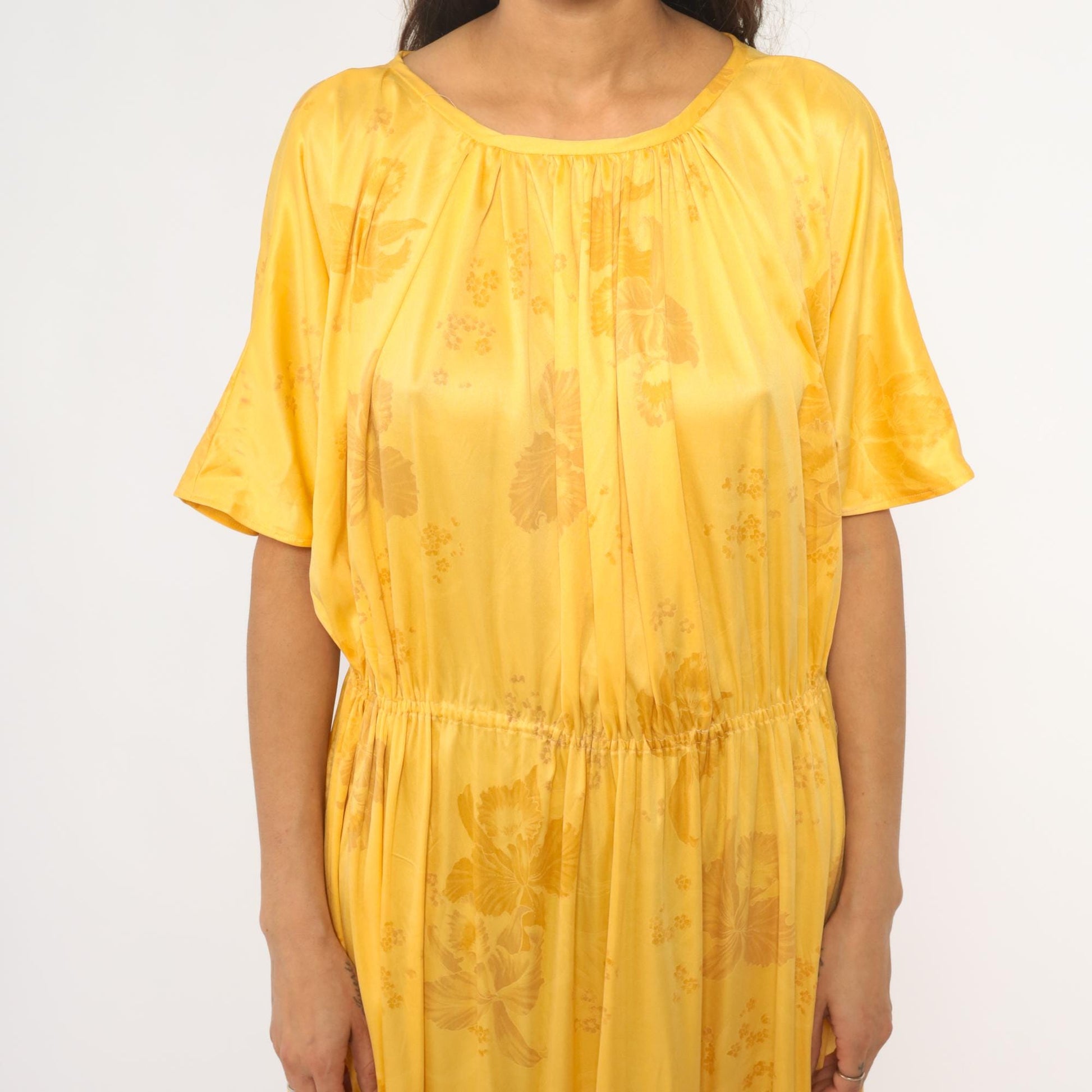70s Yellow Floral Maxi Dress Flutter Sleeve Gathered Waist Medium Large