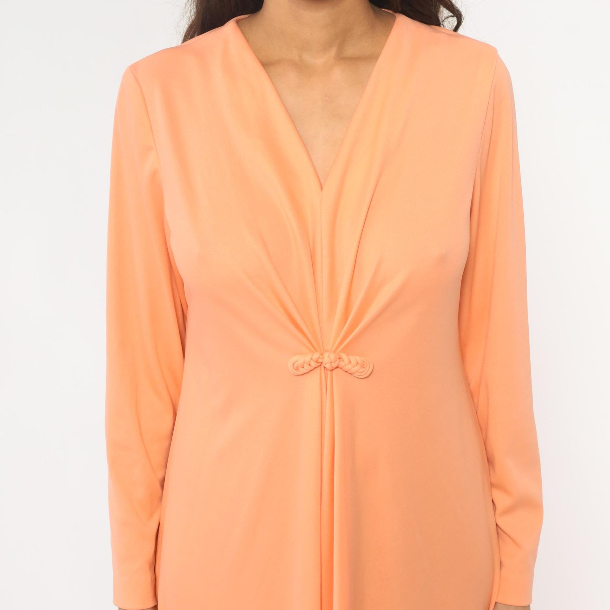 70s Lily Lynn Peach Maxi Dress Long Sleeve V-Neck Wrap Bodice Medium