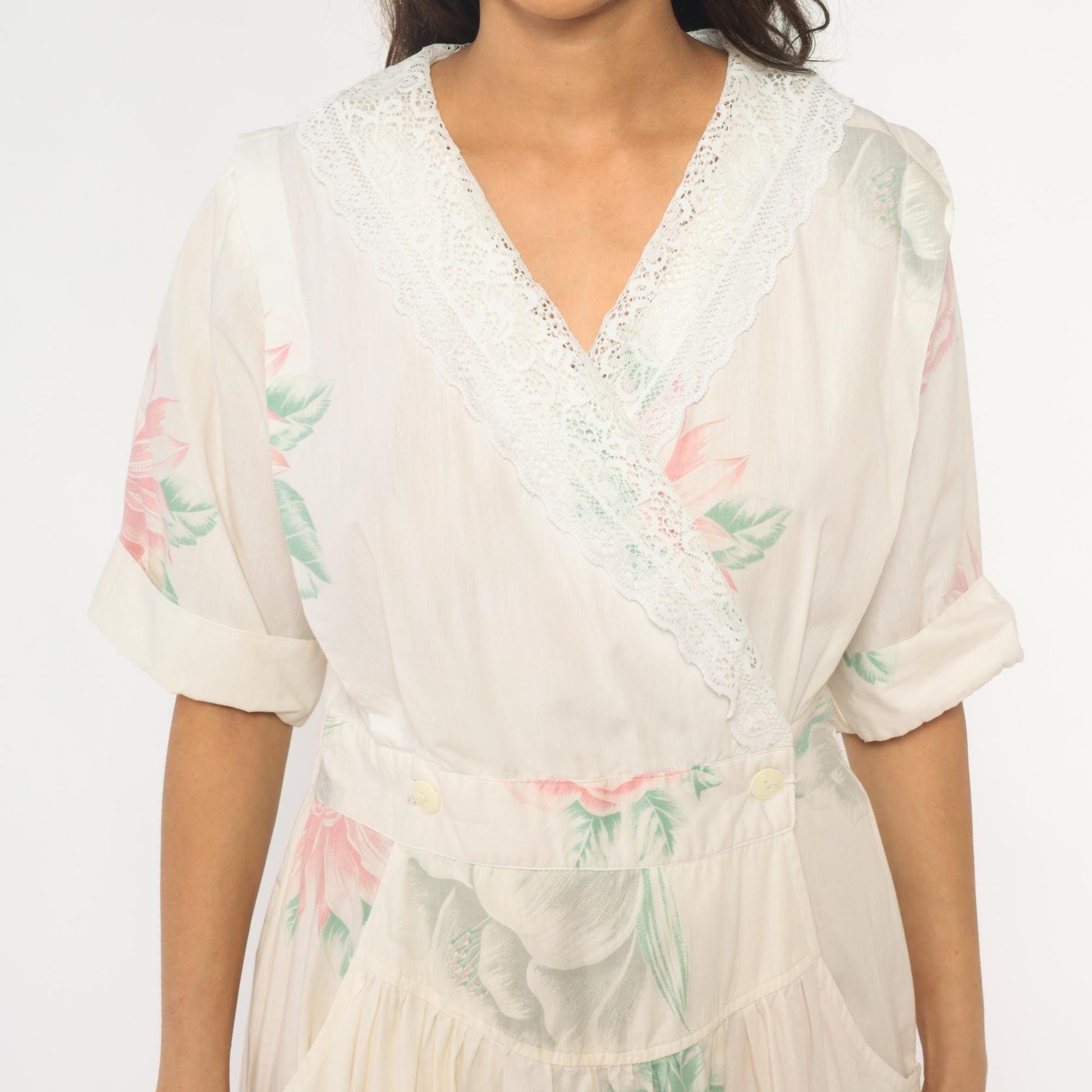 80s Floral Midi Dress Cream Pink Rose Print Cotton Eyelet Lace Medium