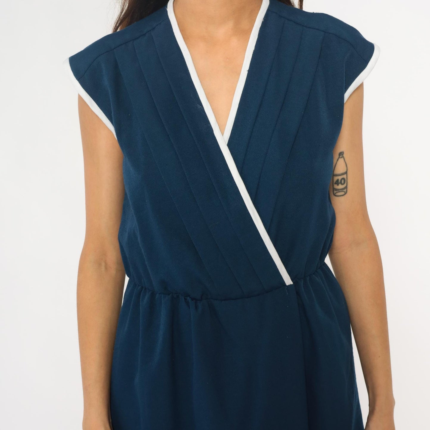 80s Toni Todd Navy Wrap Dress White Trim Cap Sleeve Midi Small Medium